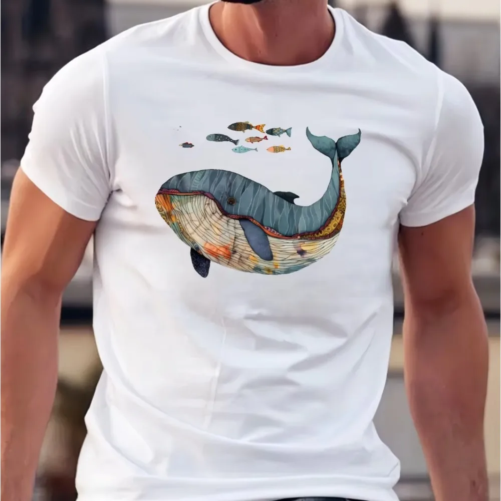Men's Casual Whale Fish Print T-Shirt - Soft Polyester Short Sleeve Crew Neck - Perfect for Summer Men Clothing