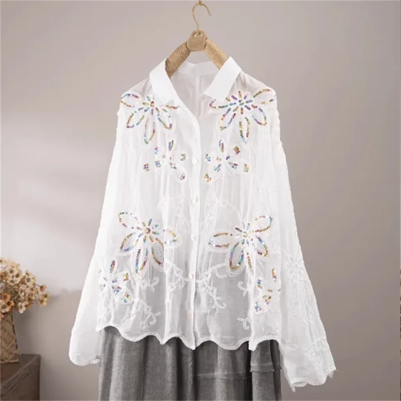 Artistic Retro Blouses Femme Shirts Embroidered Flower Shirt Women's Long Sleeved Flesh Covering Shirt Bead Sparkling Top