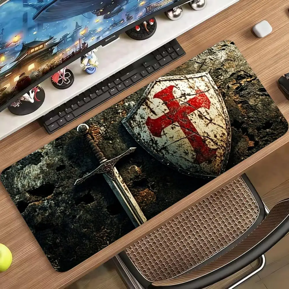 Medieval Templar Shield Sword Gaming Mouse Pad Non‑Slip Rubber Desk Mat Vintage Warrior Art For Gaming And Daily Desktop Use