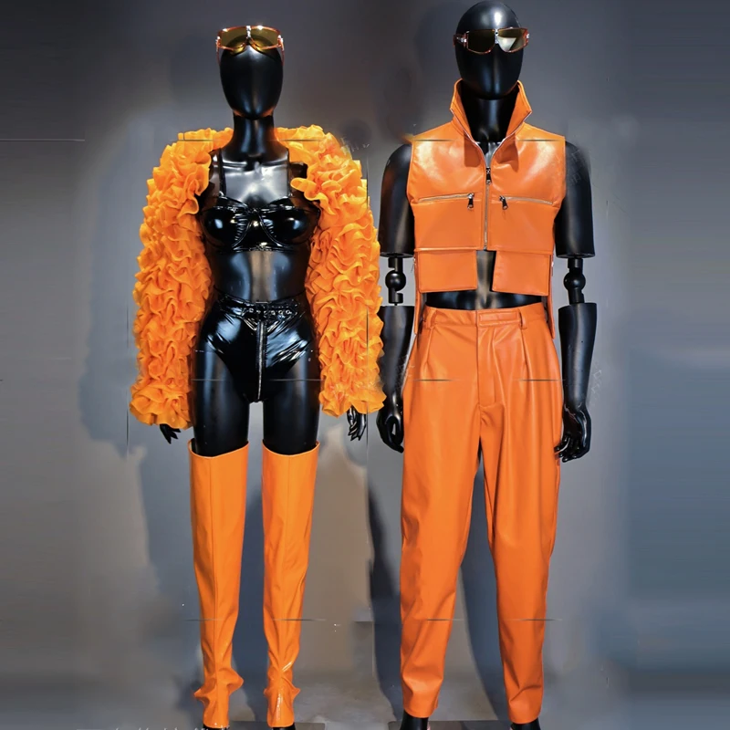 펑크 스타일 오렌지 고고 댄스 의상 남성 여성 재즈 댄스 의류 바 나이트 클럽 Dj Ds 무대 레이브 복장 성능 착용 XS9720