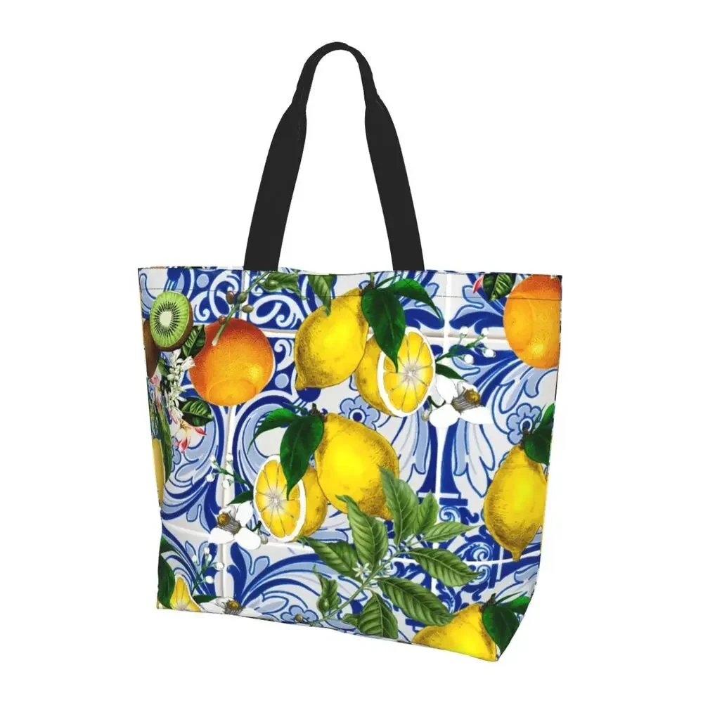 Funny Lemon Fruit Pattern Shopping Tote Bags Reusable Summer Citrus Mediterranean Style Groceries Canvas Shopper Shoulder Bag