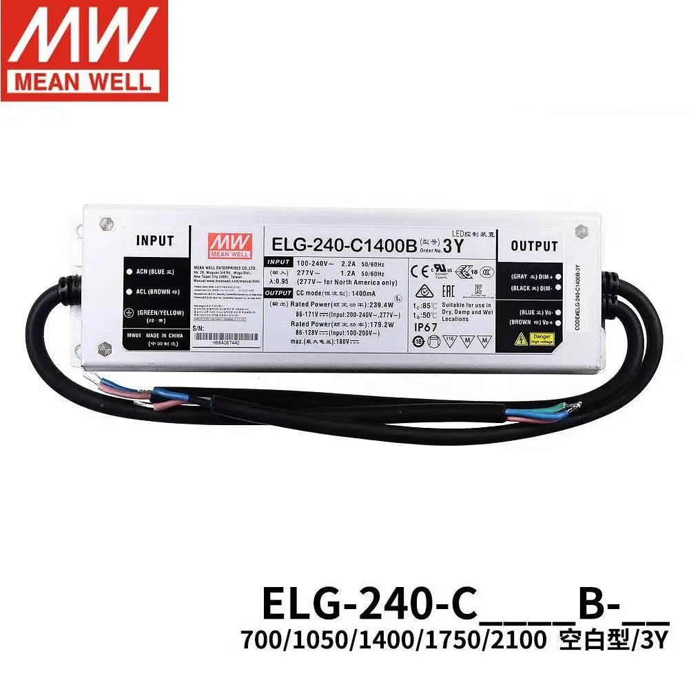 

MEAN WELL ELG-240-C700/1050/1400/1750/2100B-3Y Single Output with PFC Function Constant Current LED Driver 3 in 1 dimming IP67