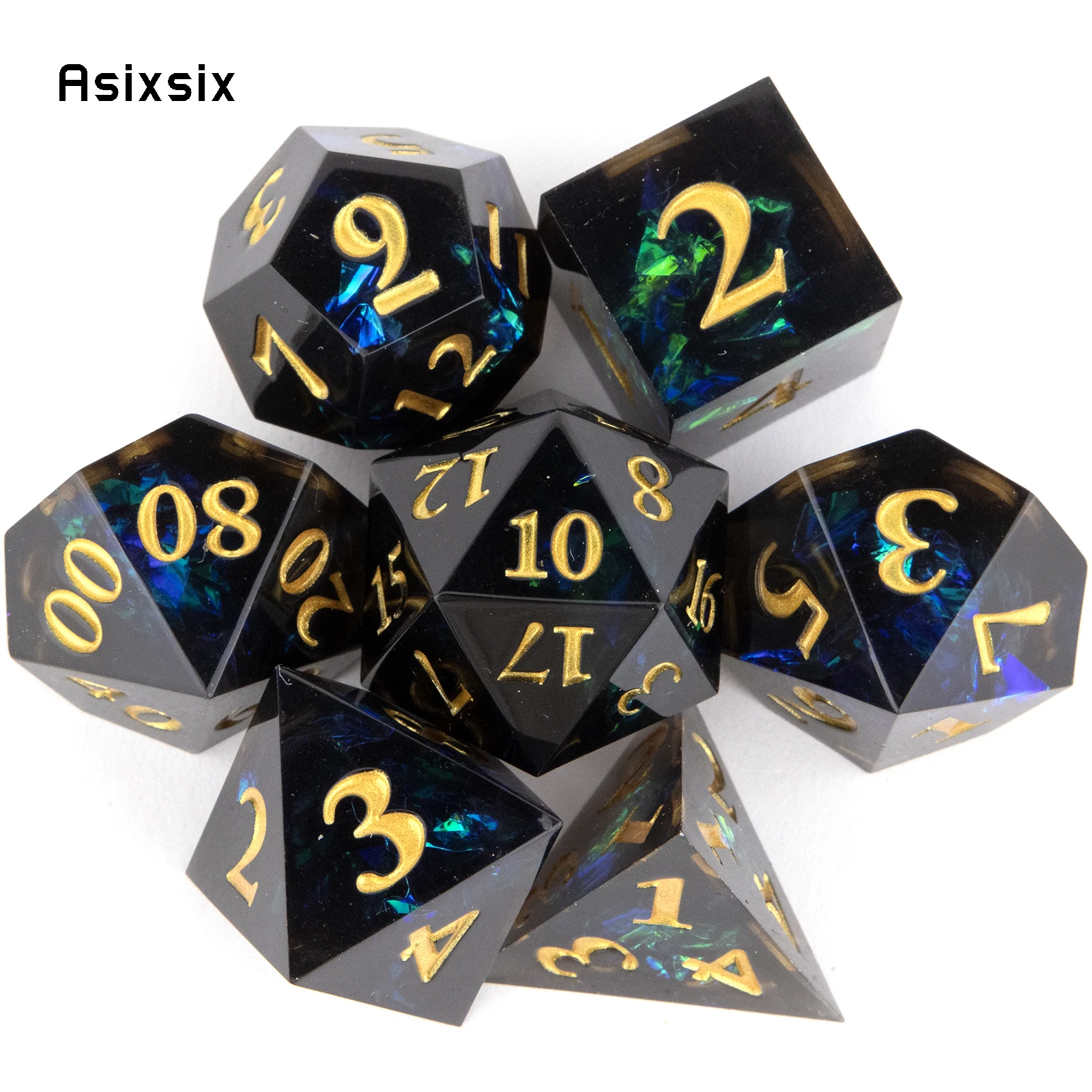 

7 Pcs Black Resin Golden Number Sharp Edge Dice Polyhedral Dice Suitable for Role-Playing RPG Board Game
