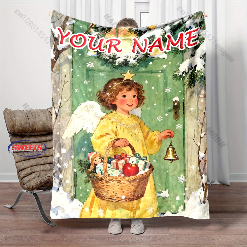 Personalized Name Christmas Angel Girl Throw Blanket Custom Winter Snow Bell Gift Basket Flannel Blanket Xmas Home Decor Gift
