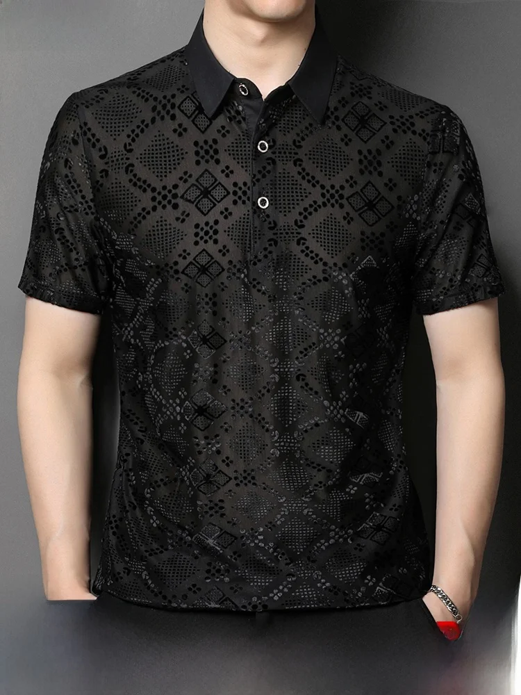 

New 2025 Men's Summer Thin Floral Hollow Breathable Short Sleeve Shirt Anti-Wrinkle Loose Iron-Free Casual Home Wear