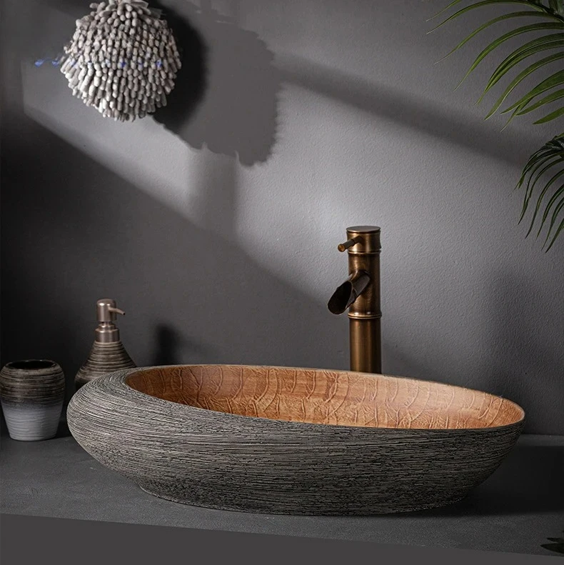 Oval Washbasin Antique Brass Bamboo Faucet Pop Up Drain Combo High End Porcelain Sinks Art Ceramic Bathroom Sink Set
