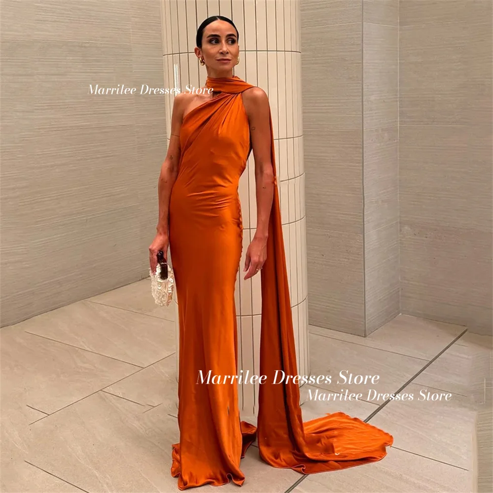 

Marrilee Simple Orange One Shoulder Halter Stain Mermaid Evening Dress Simple Pleats Sleeveless Floor Length Open Back Prom Gown