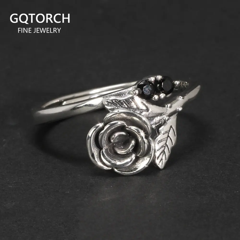 Real 925 Sterling Silver Jewelry Rose Flower Rings For Women With Black Zircon Stone Adjustable Wedding Rings For Women