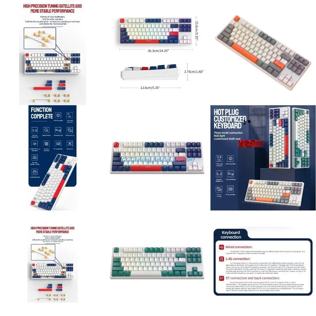 

H9EB K87 Keys Gaming Keyboard TypeC Mechanical Keyboard Bluetooth-compatible 2.4G- RGB Light Hot-Swap Keypad