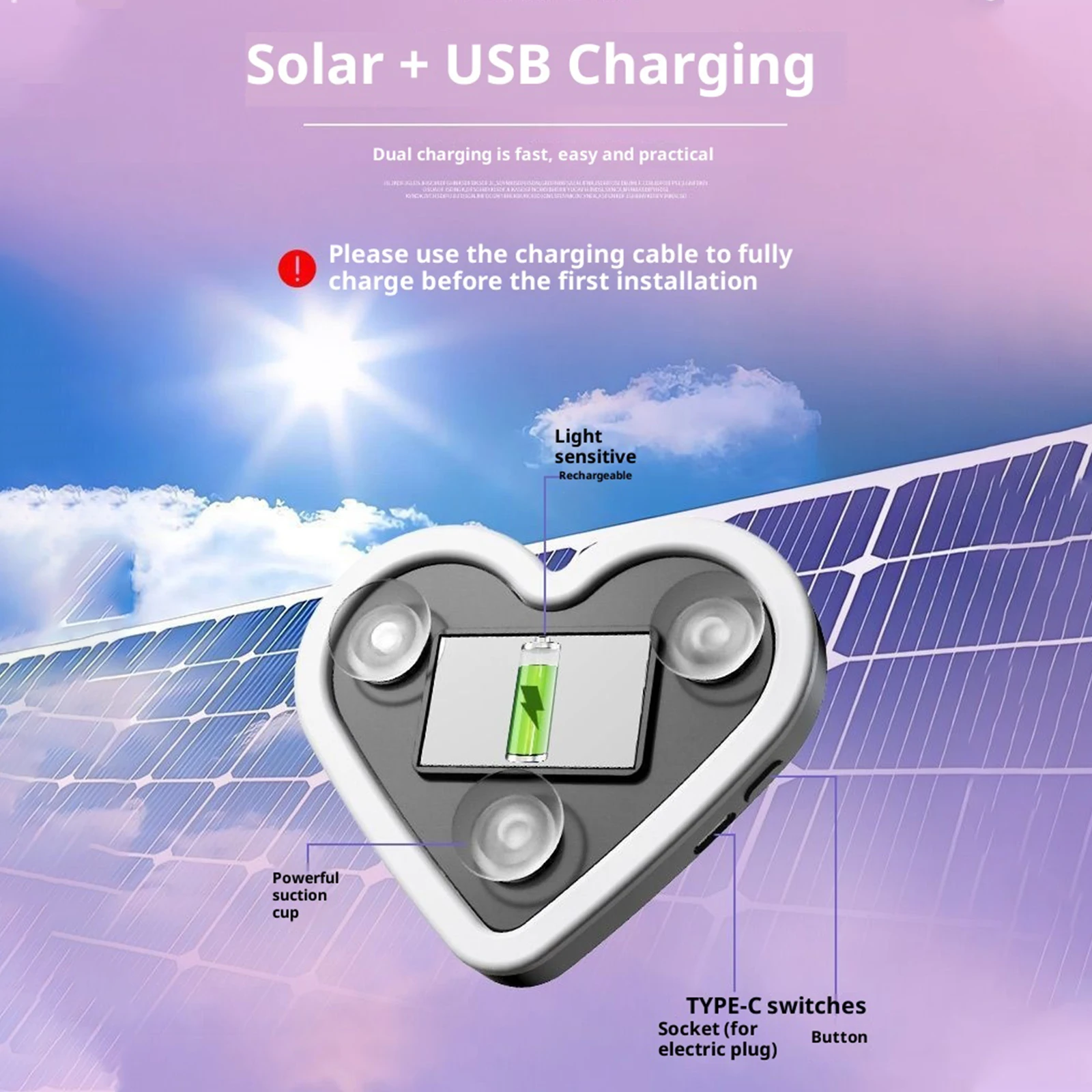 Solar Powered Wireless LED Neon Light Energy Wiring Free Triangular Ambient Light Automotive Atmosphere Love Light Car Accessory