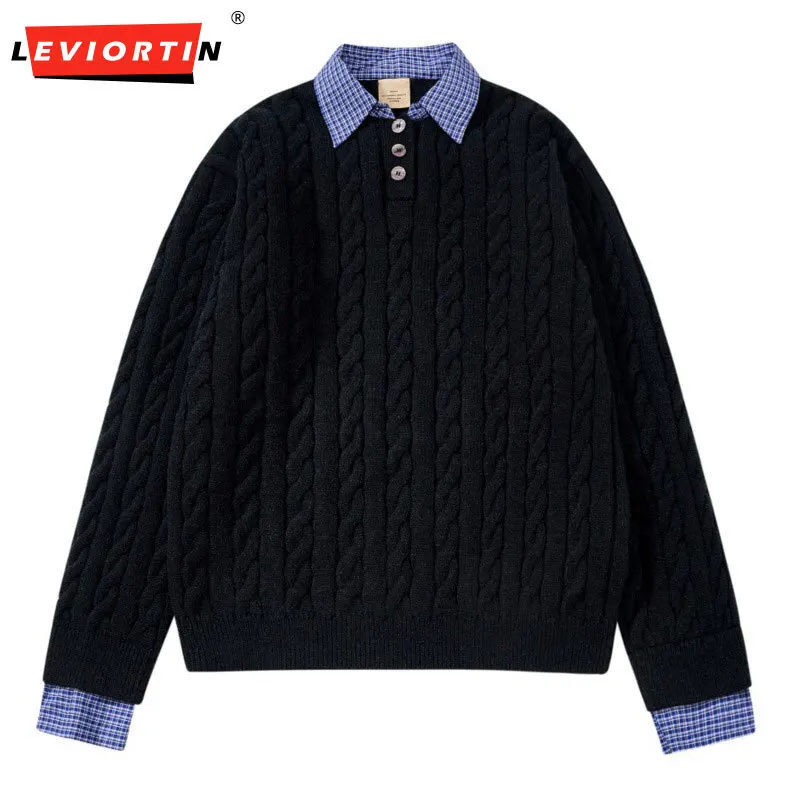 

Осенне-зимний мужской модный брендовый свитер Fried Dough Twists с воротником-поло, двухцветный контрастный клетчатый свитер с лацканами, топ