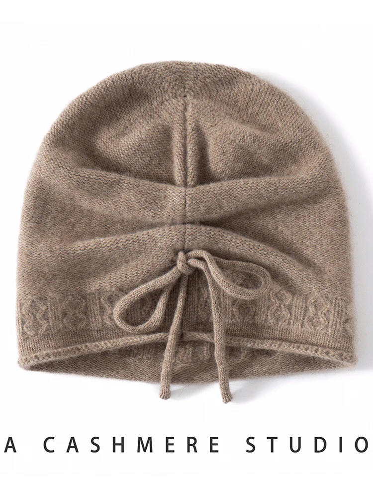 TLOML Chic Women's 100% Cashmere Cable Knitting Hat Keep Warm Autumn Winter Soft Warm Cashmere Knitwear Drawstring Versatile Hat