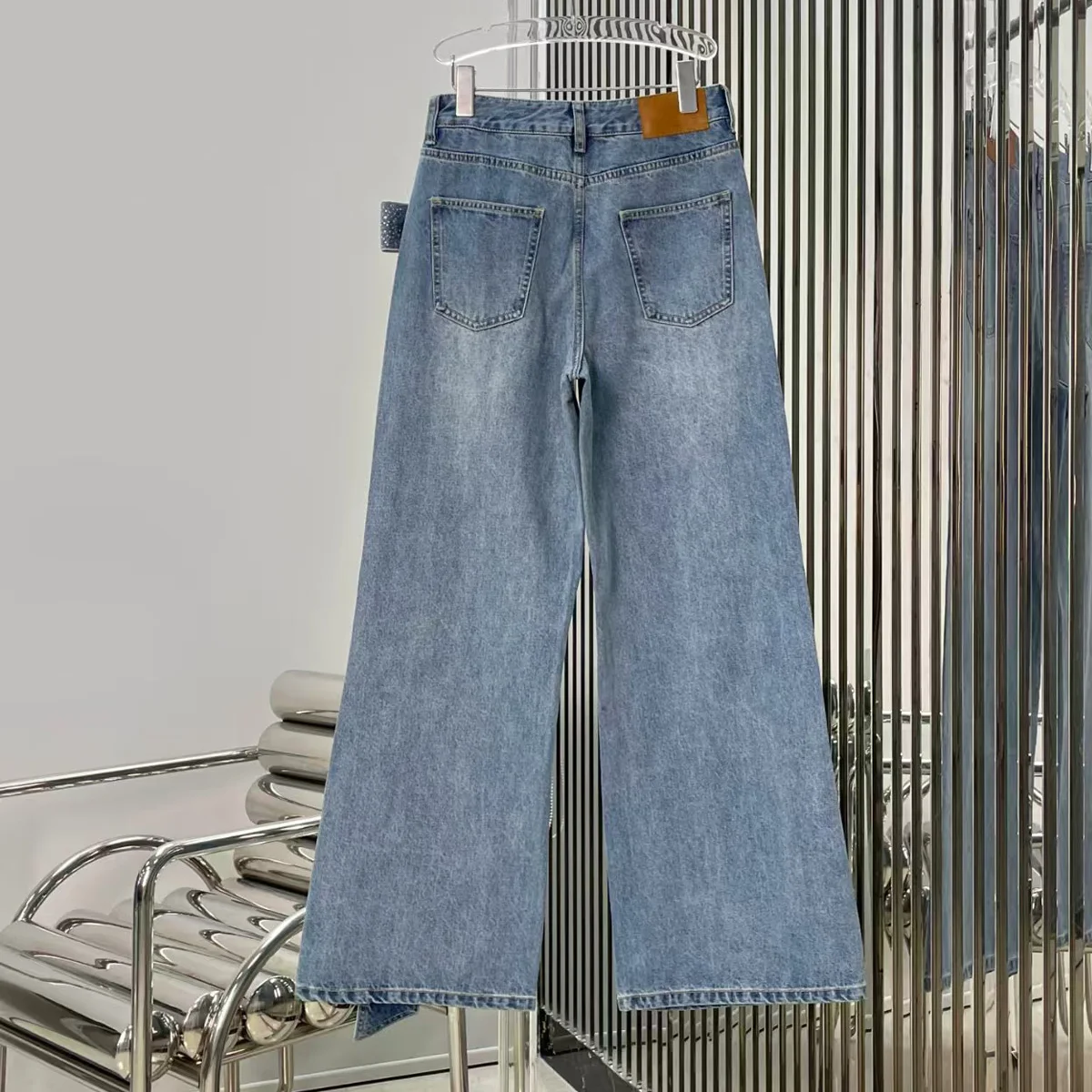 High Quality Women High Waist Wide Leg Jeans Rhinestone Ribbon Bow Decor Washed Loose Long Denim Pants lyt127087