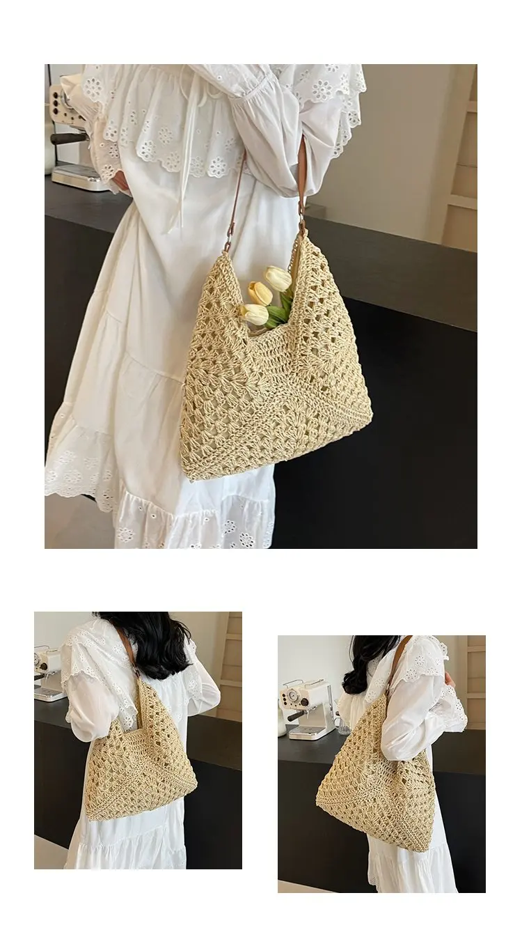 YOUDEYISI Handmade Crochet Cotton Thread Hollow Square Flower Tassel Literary Style Straw Weaving Shoulder Handbag Women\'s Bag