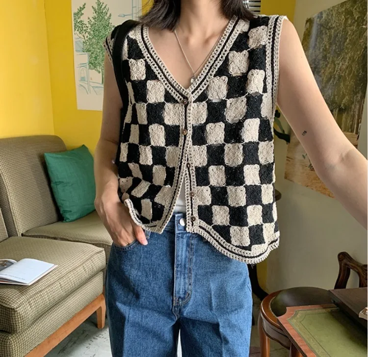 متقلب الكروشيه سترة للنساء مفتوحة متماسكة زر متابعة جاكيت بلا إكمام أعلى محبوك صدرية في سن المراهقة فتاة عطلة الزي #4