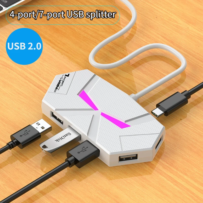 4/7 Ports USB 2.0 HUB USB Docking Station USB Splitter Adapter  High Speed Transmission PD Power Supply For Laptop Computer