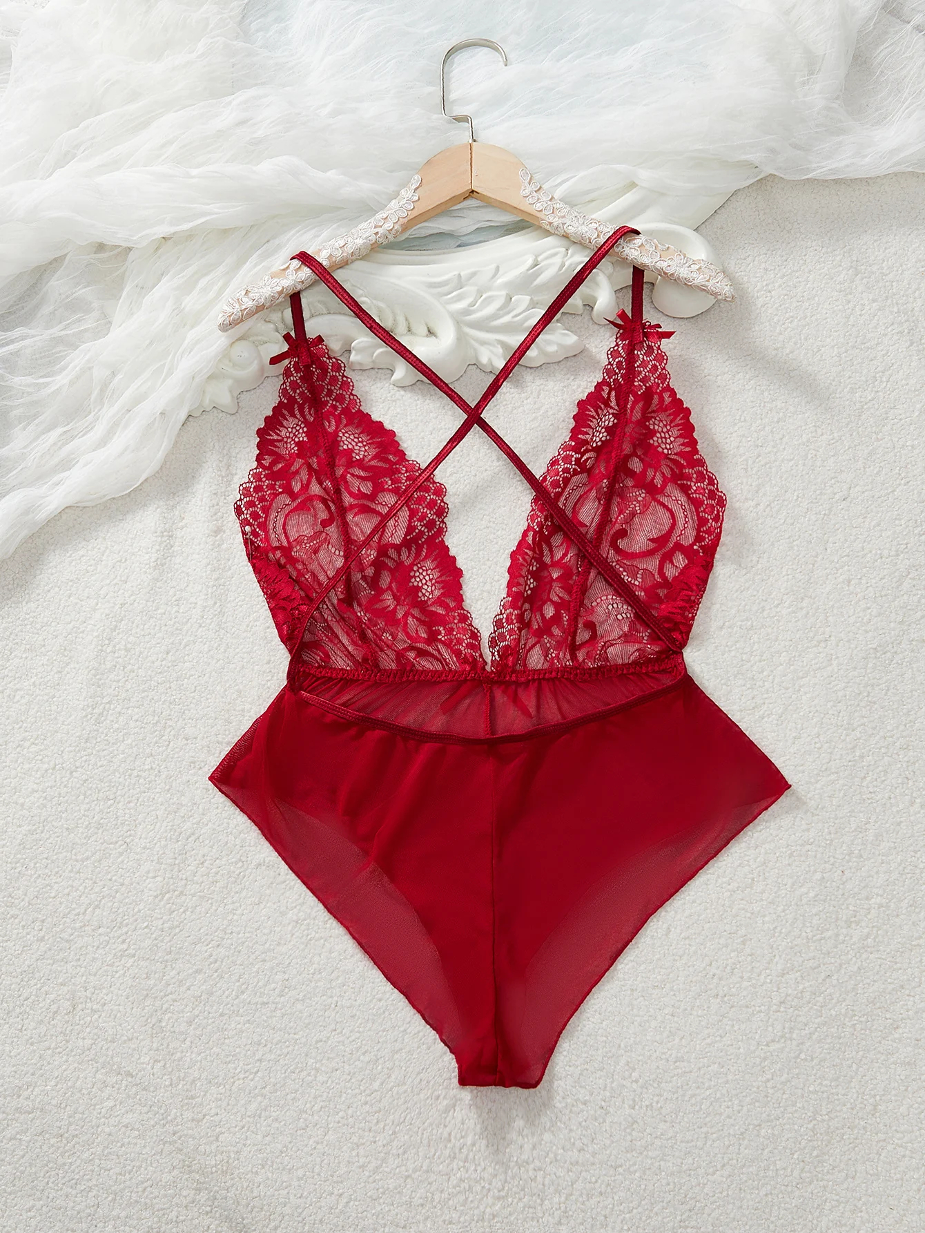 Lingerie sexy sans entrejambe pour femmes, sous-vêtements en dentelle, robe nuisette, soutien-gorge ouvert, corset rouge, costume de batterie de même, 7.0