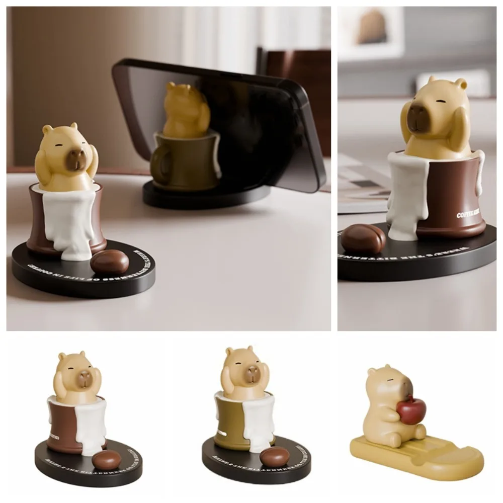 

Coffee Cup Capybara Doll Phone Holder Animal Figurines Desk Decor Capybara Mobile Phone Stand Creative Cartoon Capybra Model Toy