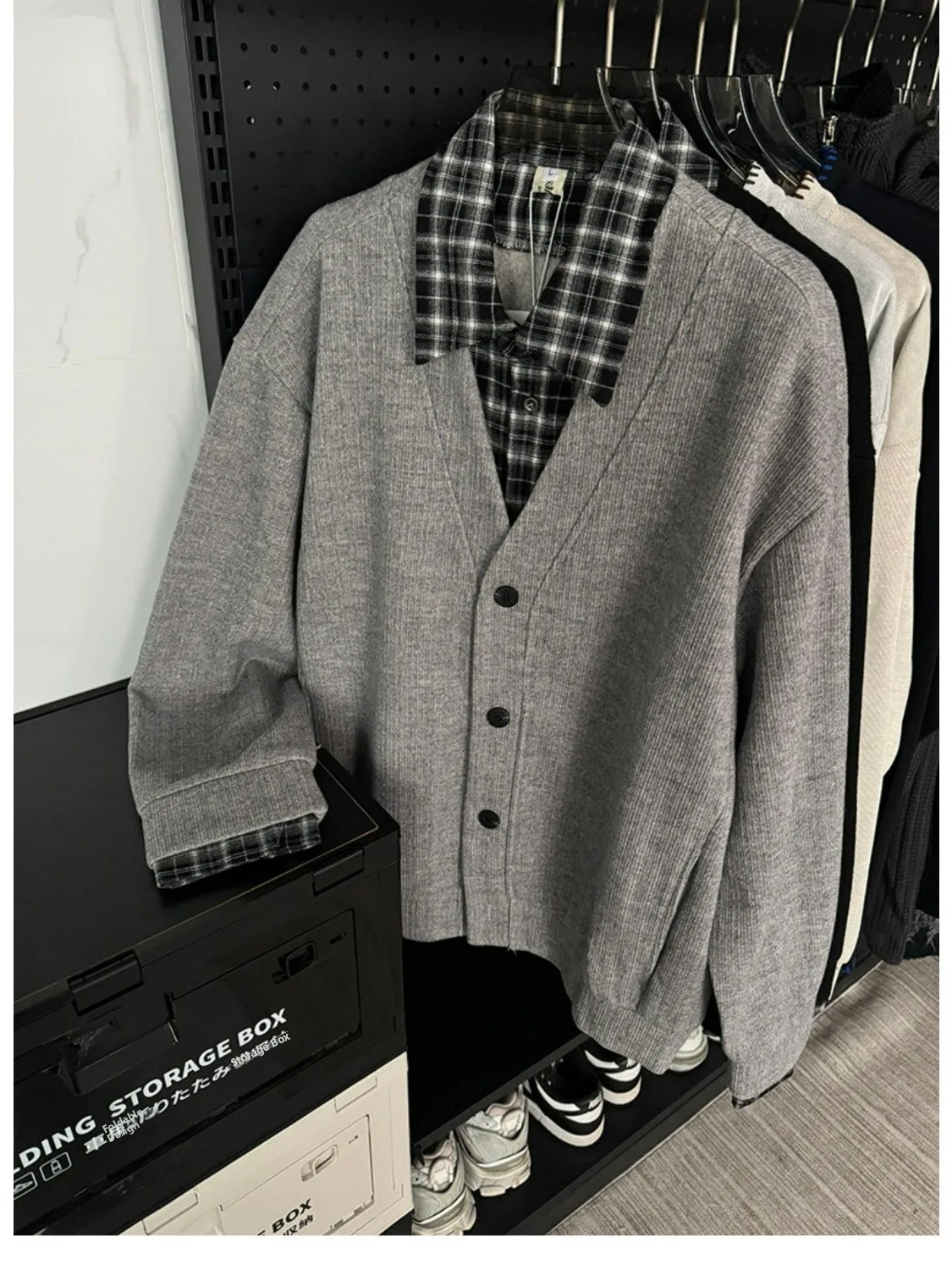 

Retro Plaid irt Collar Sweater Knitted Loose Cardigan Coat for Teenagers Spring Autumn ex Casual Polyester Fiber