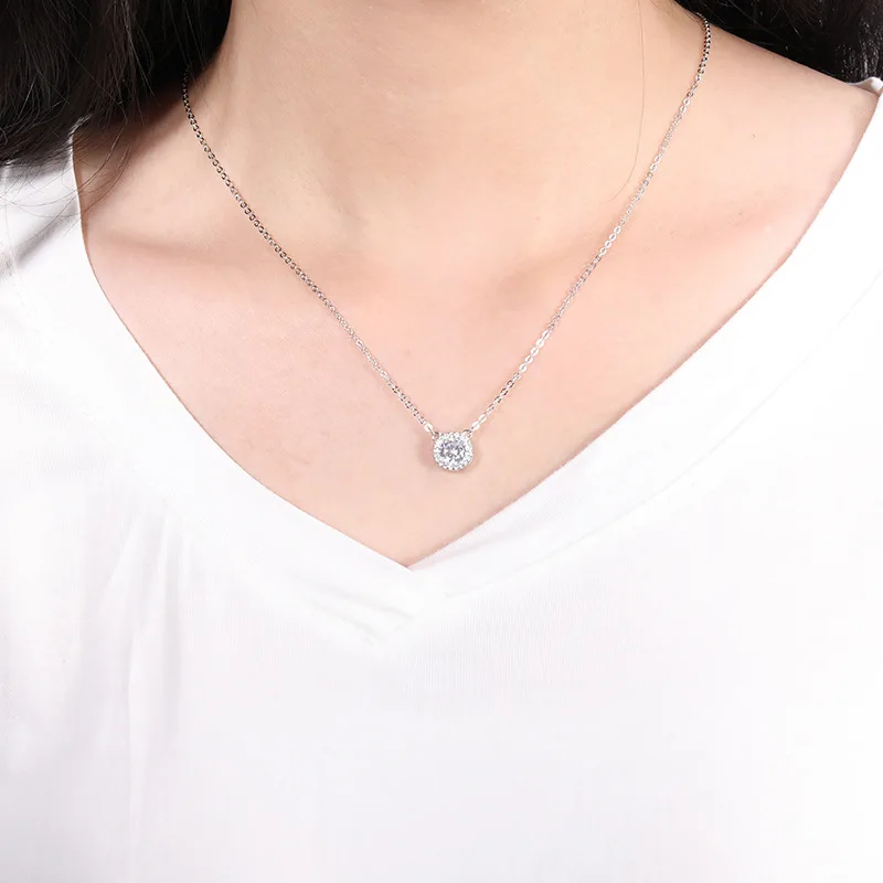 Round Bling Zircon Stone S925 Silver Pendant Long Chain Necklace Christmas Gifts For Women Jewelry suit цепочка на шею женская