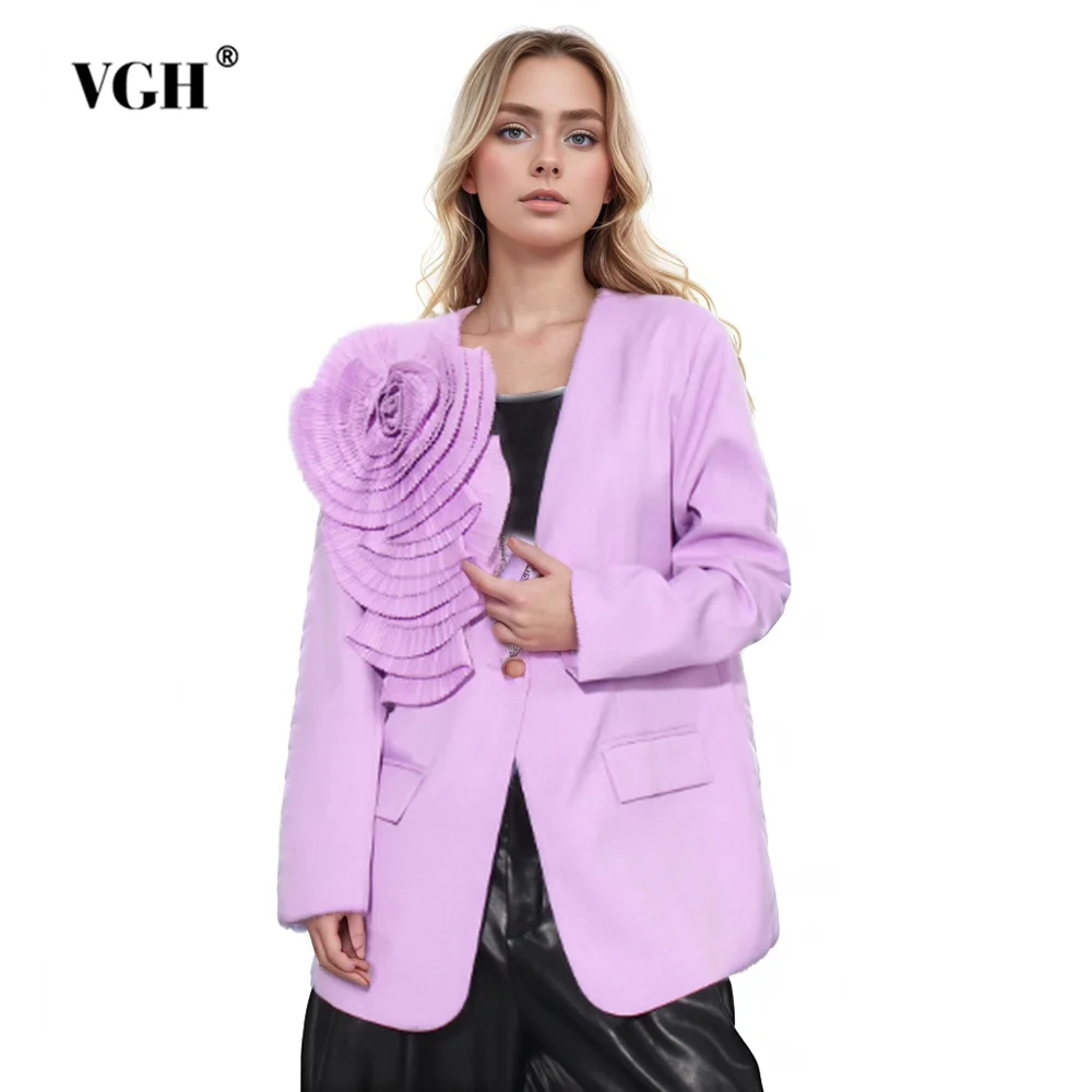 

VGH Solid Patchwork Appliques Casaul Blazers For Women V Neck Long Sleeve Spliced Pockets Minimalist Blazer Female Fashion New