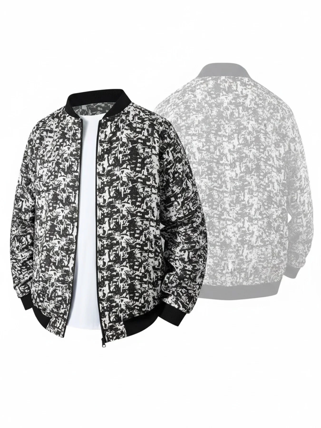 Men's New Autumn and Winter Design Black and White Color-Block Long-Sleeve Casual Double-Layer Baseball Jacket with Lining
