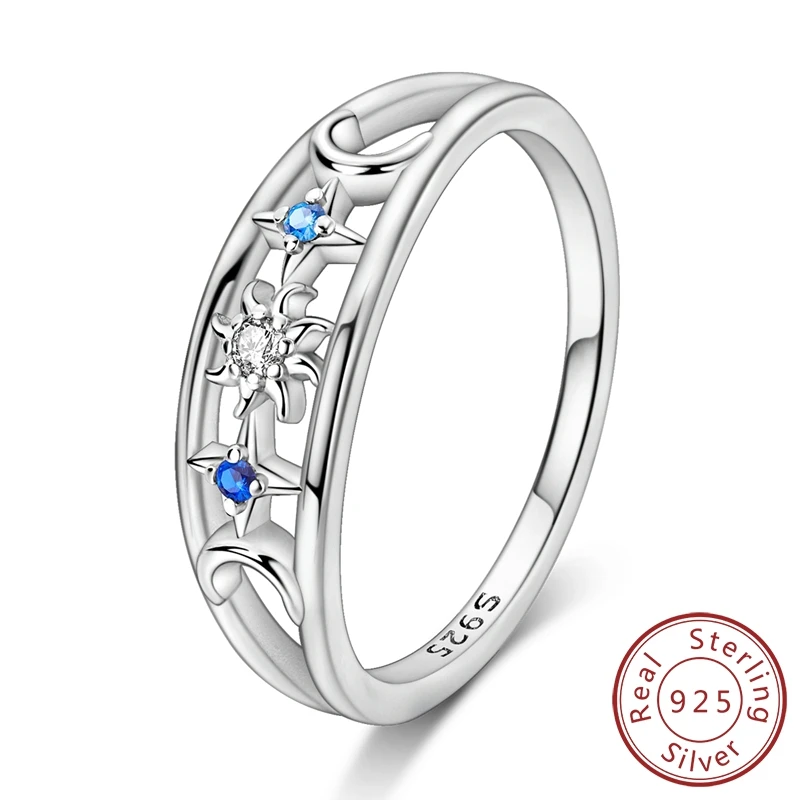 

Radiant 100% 925 Sterling Silver Blue Zircon Sun, Moon and Star Wide Ring for Women Engagement Statement Jewelry