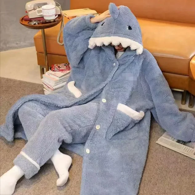 

Женский халат Shark для косплея, зимний флисовый халат с капюшоном, женский однотонный милый теплый халат, однобортный халат для женщин