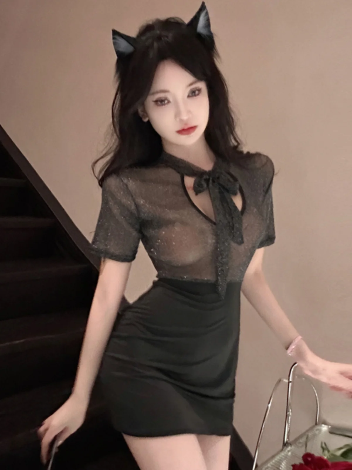 Sexy Sexy Bright Thread Role-playing Uniform Dress High Waist Wrap-around Skirt Short Sleeve Ladies' Dress for Autumn