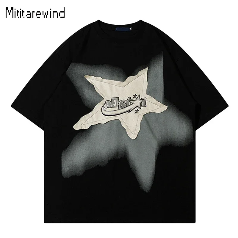 

Футболка с коротким рукавом American Bf, летняя уличная одежда, футболки для пар, повседневная футболка из 100% хлопка с круглым вырезом, футболки со звездами и нашивками