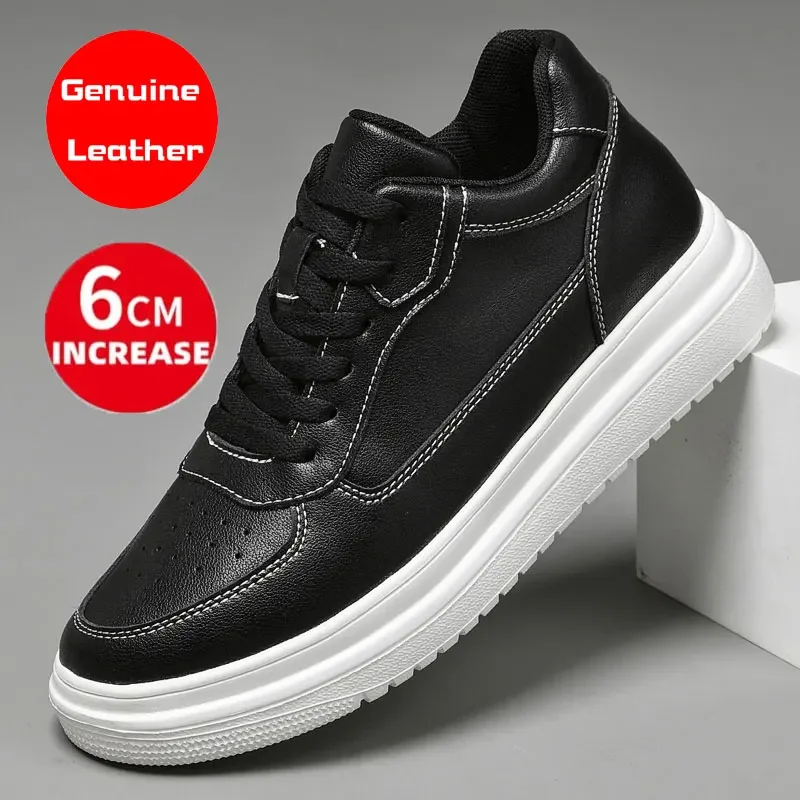 Palmilhas de couro genuíno para homens e mulheres, tênis brancos, elevadores ajustáveis, salto, sapatos de luxo, na moda, plus size, 36-44, 6cm