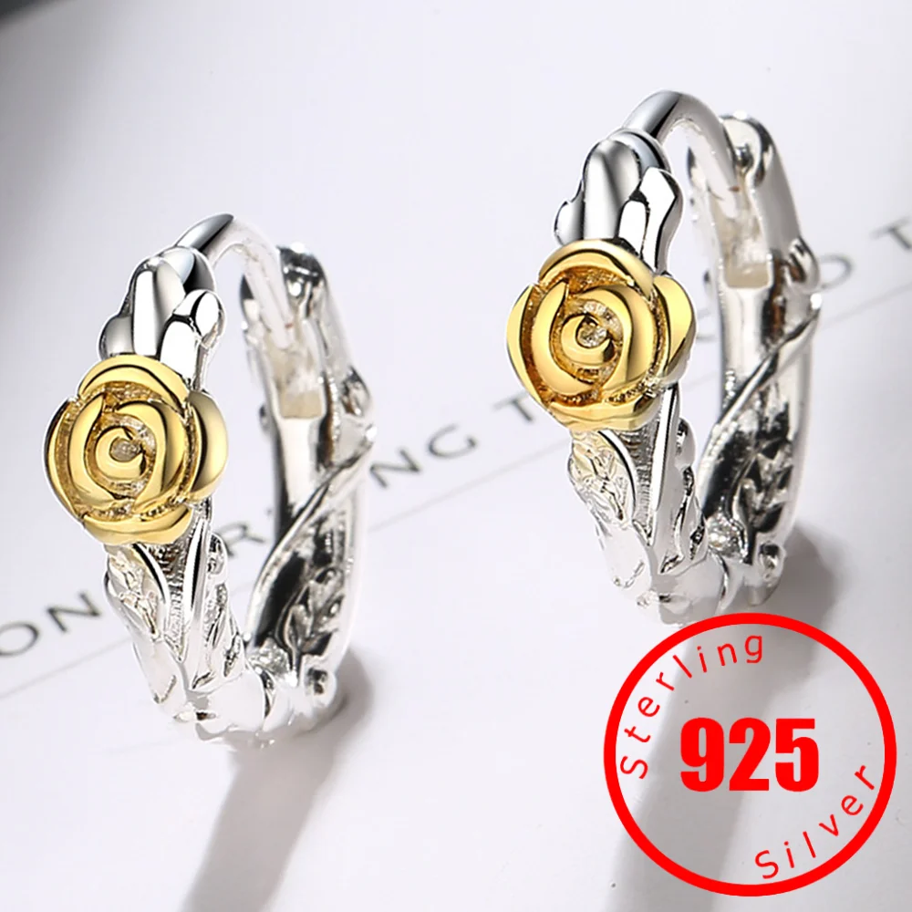 Fashion Creativity Gold Rose Hoops Girl Ear Jewelry Stamp 925 Sterling Silver Earrings For Women Engagement Accessories Gifts