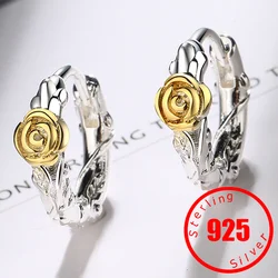 Fashion Creativity Gold Rose Hoops Girl Ear Jewelry Stamp 925 Sterling Silver Earrings For Women Engagement Accessories Gifts