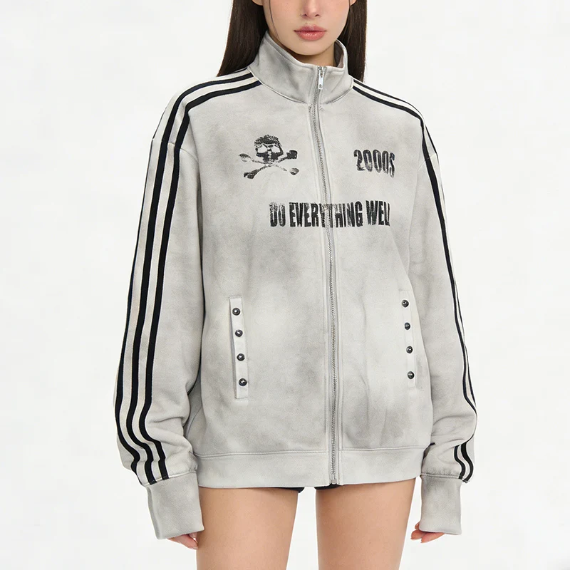 Mode Buchstaben Schädel Gedruckt Reiten Vintage Sweatshirt Cool Trend 2000er Jahre High Street Lange Ärmel Lose Hochgeschlossenen Reißverschluss Mantel