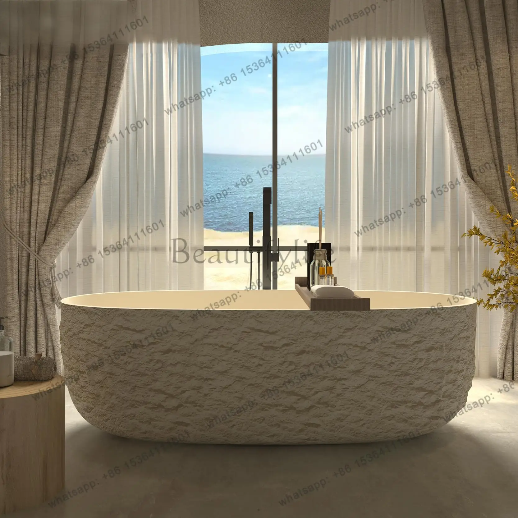 Wabi-Sabi Stone Texture Bathtub, One-Piece Artificial Stone Tub for Home