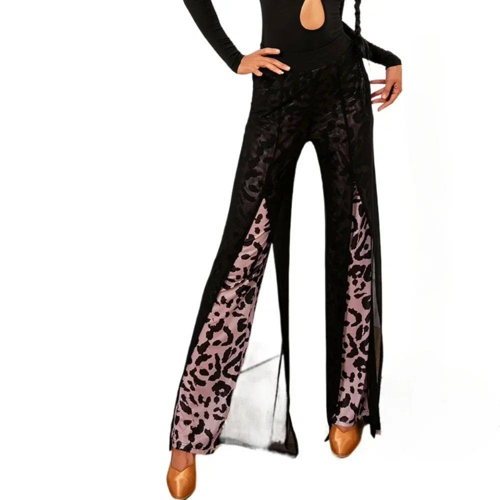 

Black Latin Dance Pants Women High Waist 2-layer Mesh Wide Leg Leopard Latin Practice Trousers Cha Cha Ballroom Dance Clothe