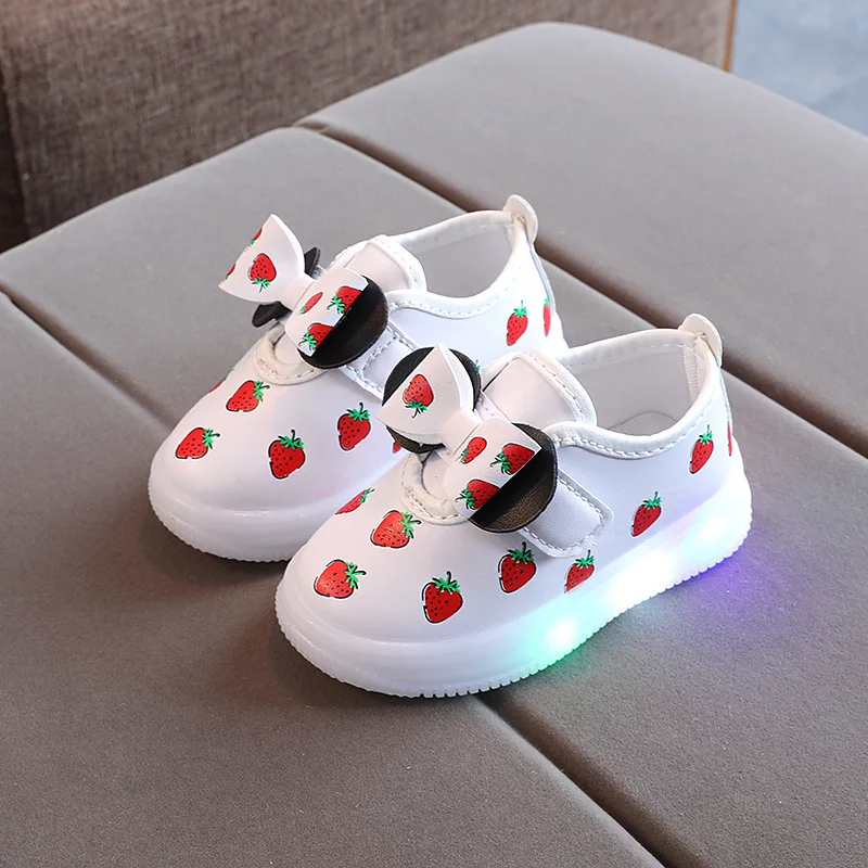 Girls Shoes Children Led Lighted Sneakers Cute Bow Strawberry Kids Shoes Glowing Sole Leather Shoes Korean Toddler Casual Shoes