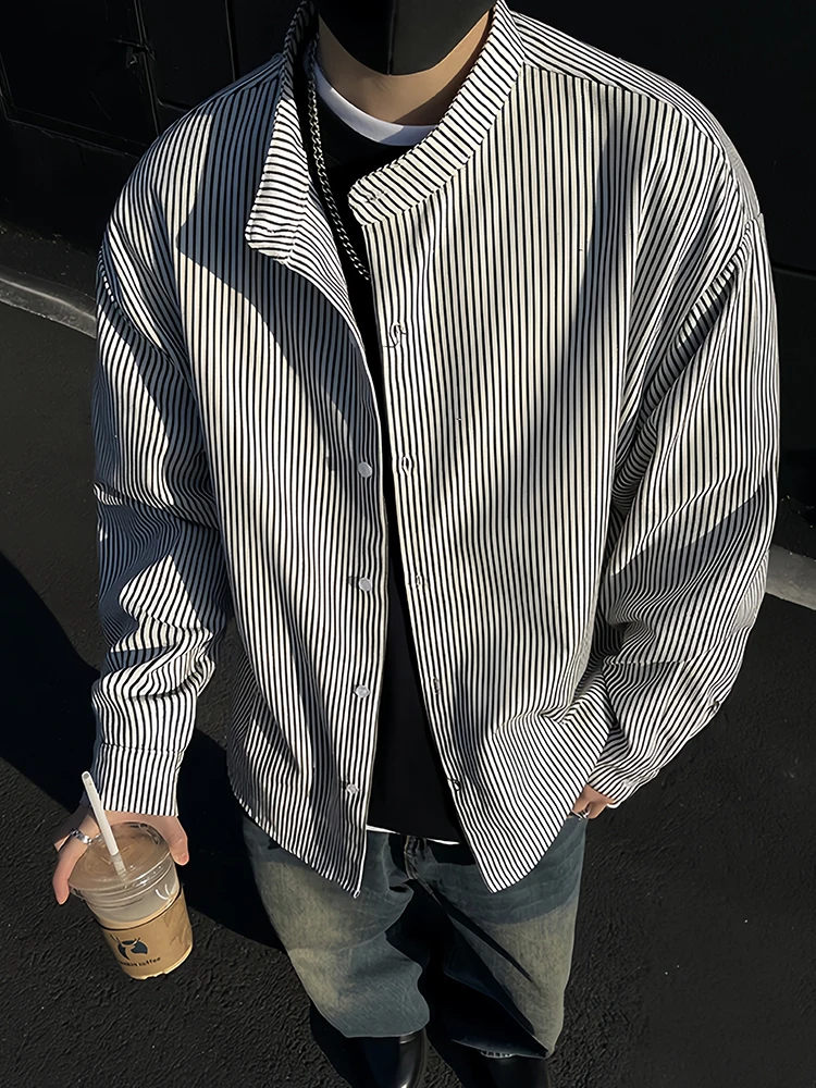 

Мужское пальто Long Sve в американском стиле Bla White Stripes Long Sve Autumn Cleanfit Old Money Sle Haome с воротником-стойкой