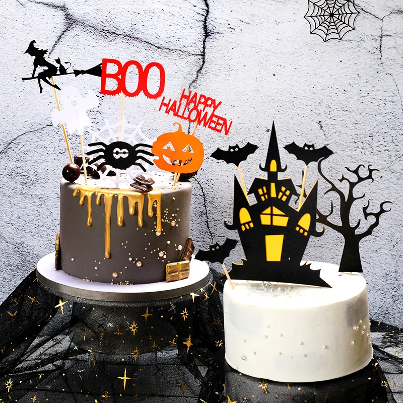 Halloween Cake Toppers DIY Cupcake Topper Castle Ghost Witch Vampire Pumpkin Cake Flags Kids Birthday Wedding Party Baking Decor