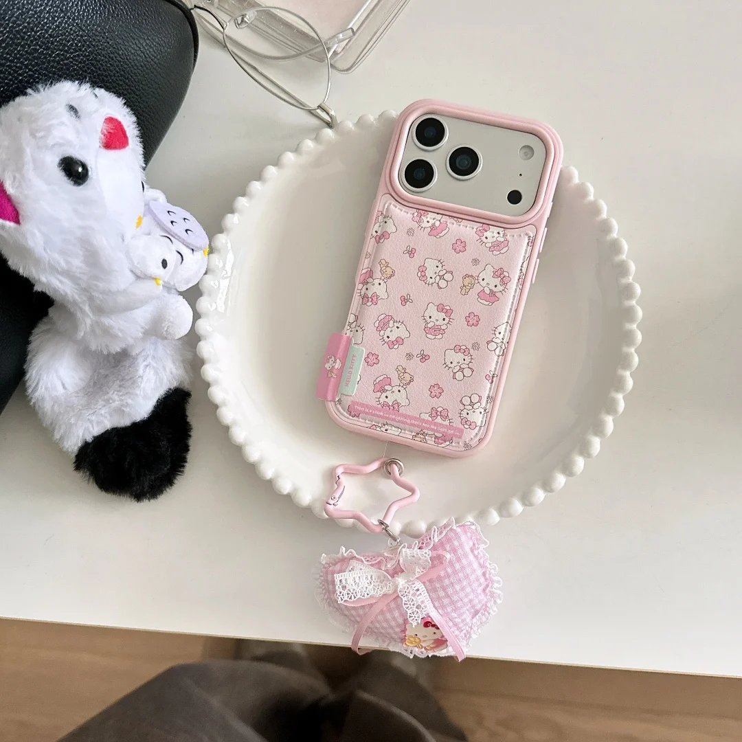 

Ins Japan Lovely HelloKitty Bear label Leather Phone protection soft Case For iPhone 14 15 16 17 Pro Max Plus Pink Girl Cover﻿﻿