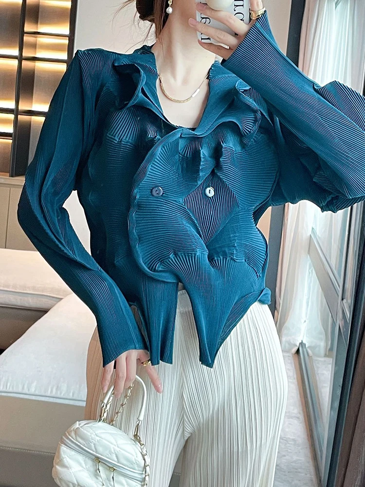 GVUW Pleated Irregular Jackets Women Lapel Double Breasted Full Sleeve Solid Color Versatile New 2024 Female Clothing 17G6638