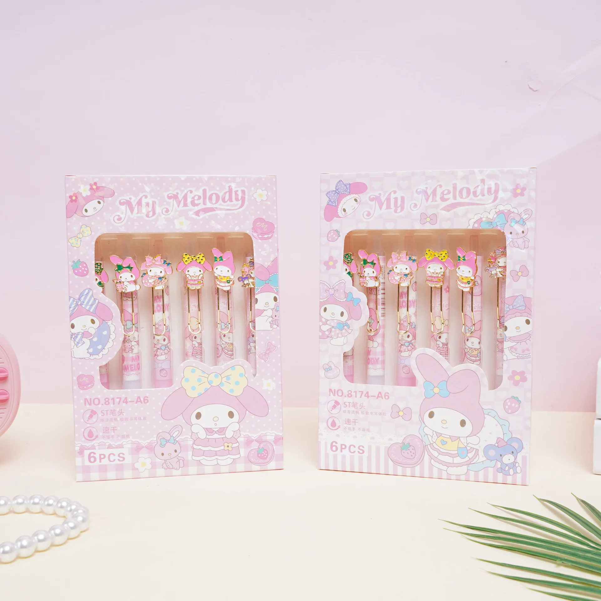 새로운 헬로 키티 박스형 패치 펜 만화 헬로 키티 6팩 메탈 펜 홀더 중성 펜 필기 펜