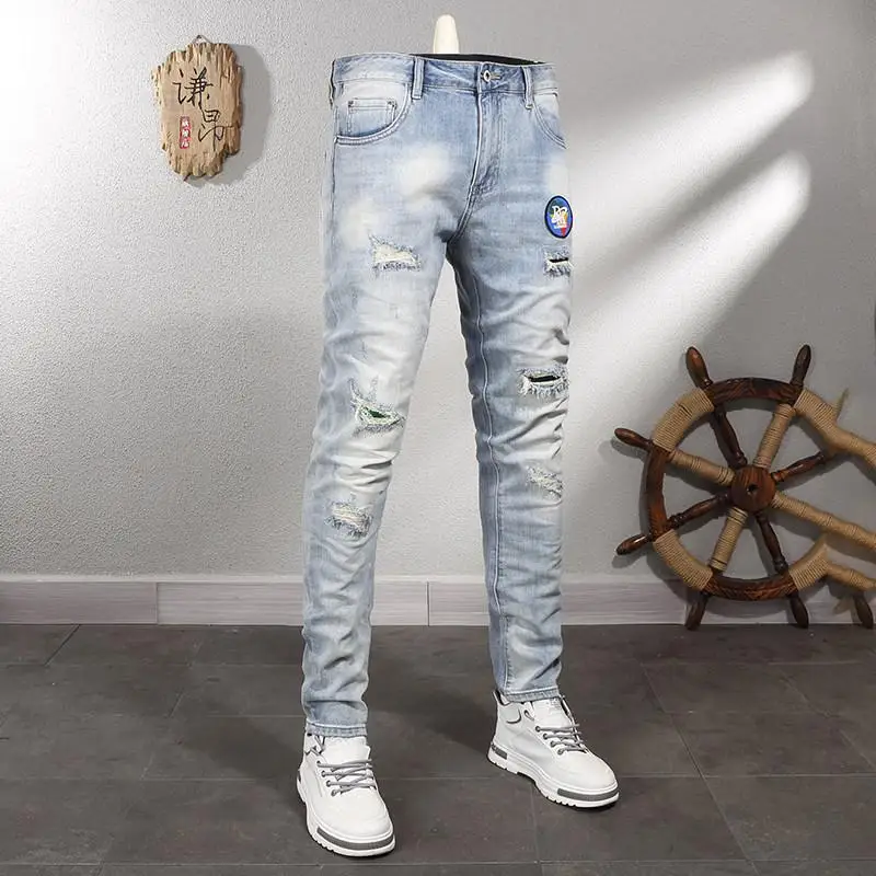 New Spring Season Slim Fit Long Denim Jeans with Bright Embroidered Patterns for Men, Trendy Korean Daily Pants