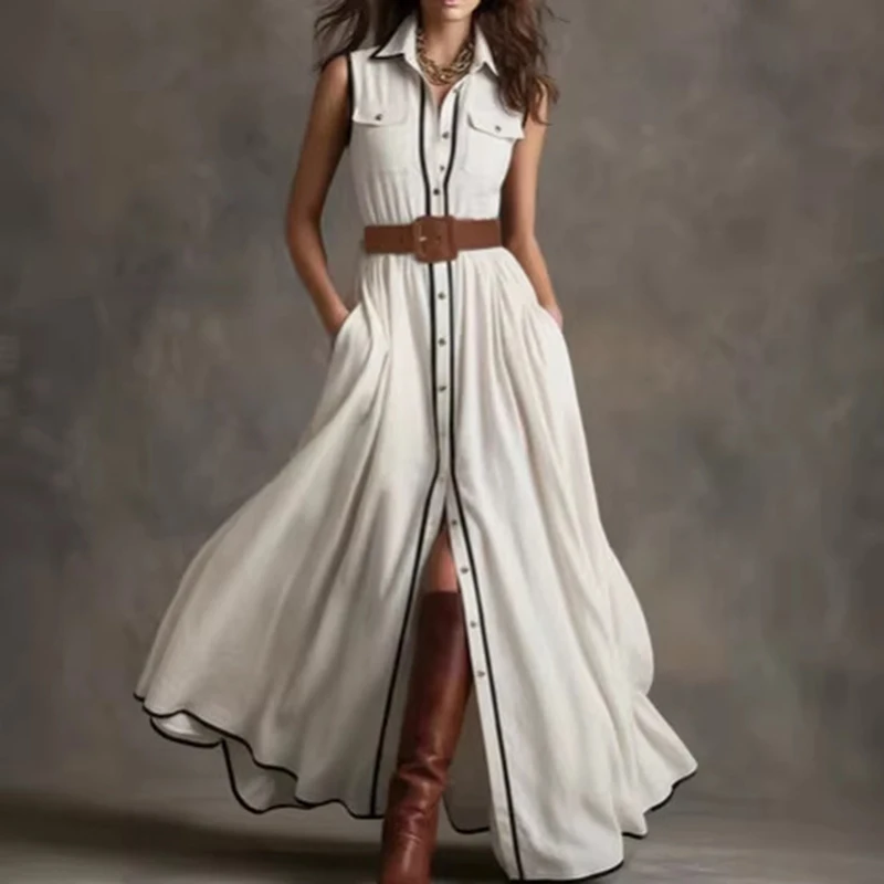 

Retro Maxi Shirt Dress for Women Summer Casual Sleeveless Lapel Button Front Pocket European American Style