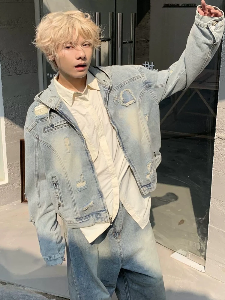 

Ретро-куртка из денима в американском стиле, винтажная, с капюшоном, для мужчин и женщин, модная, весна-осень, новинка