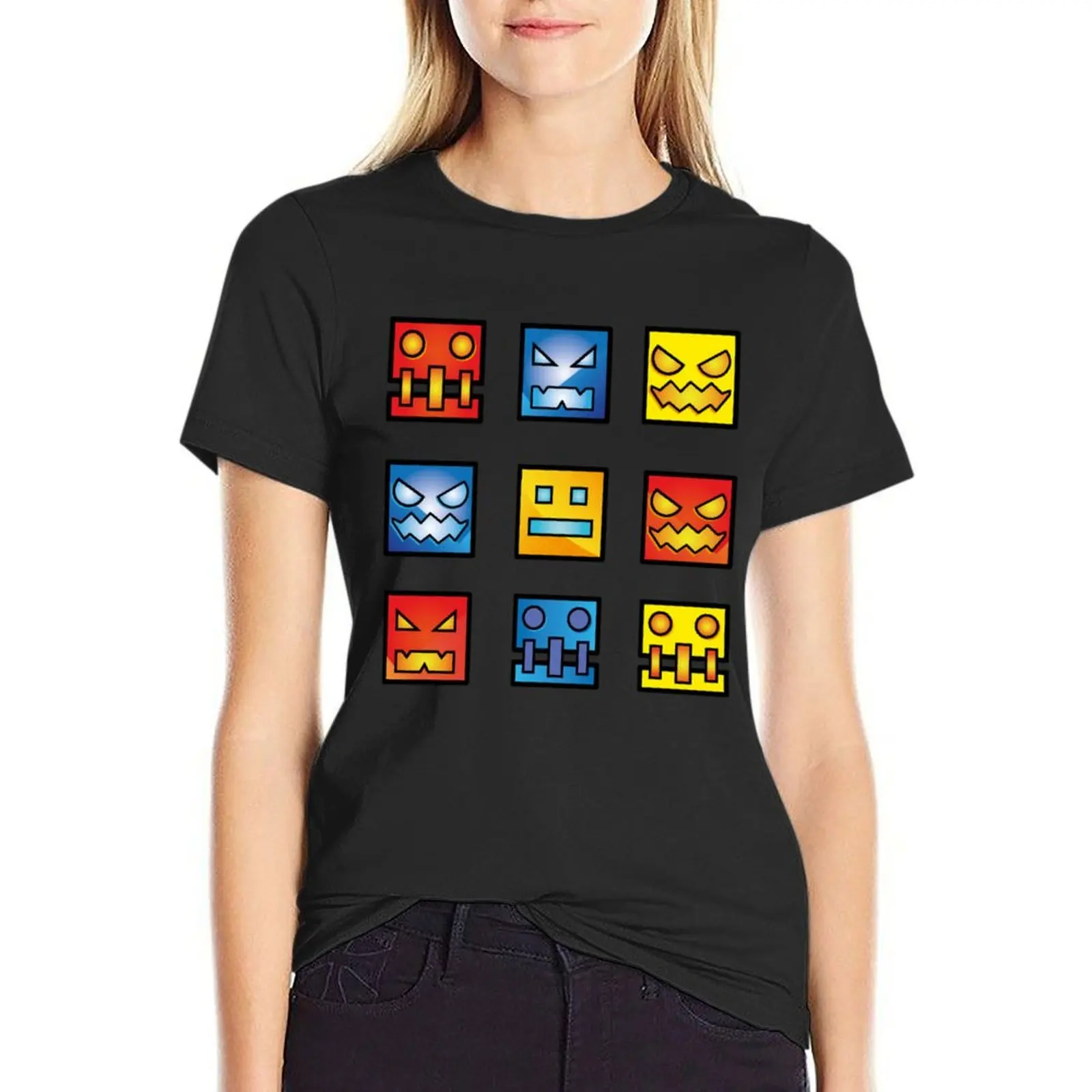 

geometry dash icon face T-Shirt vintage clothes summer clothes workout shirts for Women loose fit