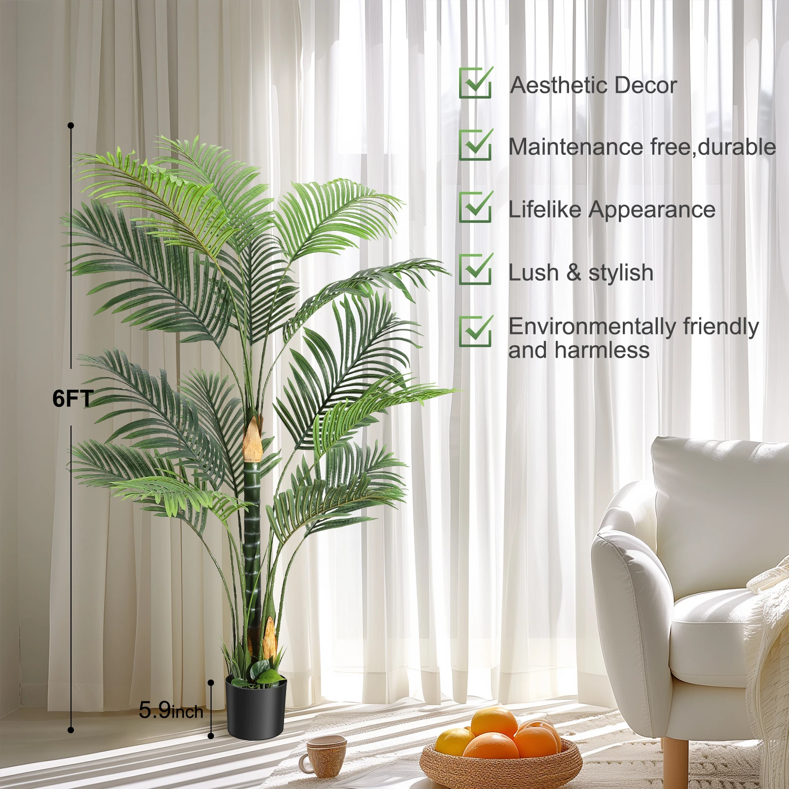 Artificial Palm Tree,6FT Golden Cane Palm Artificial Tree UV Resistant Fake Plant in Pot for Home Office Living Room Decor