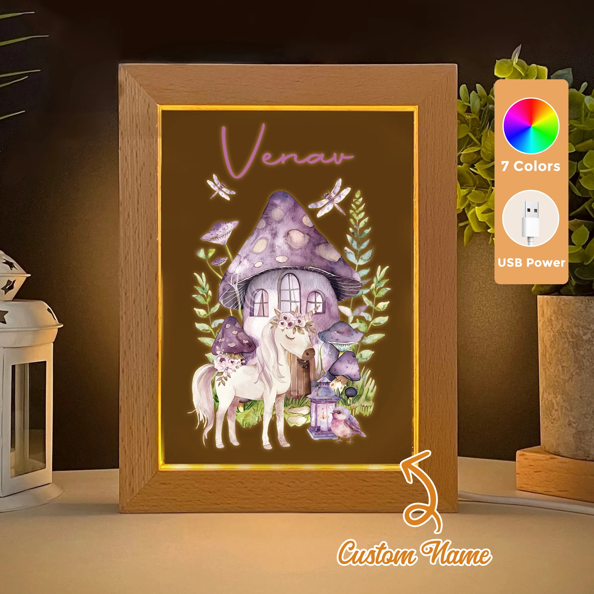 

2D Flat Custom Name Cabin Unicorn LED Acrylic Night Light Wood Photo Frame 21x17cm Cartoon Children Bedroom Gifts Home Decor