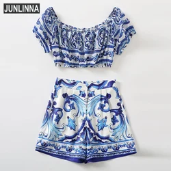 JUNLINNA Runway Fashion Women Shorts Suit 2022 Summer White and Blue Porcelain Printed High Street Party Holiday Two Piece Sets