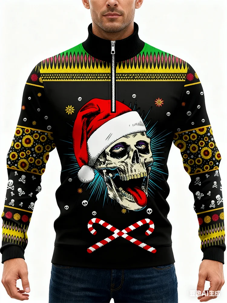 

Men's Half-zip Stand Collar Top 3D Skull Print Pullover Tops Autumn Winter X'mas Tree Long Sleeved Street Breathable Men Clothes